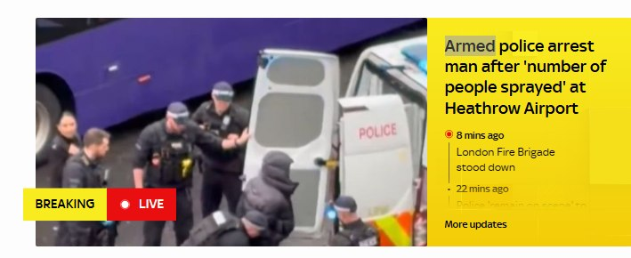 Breaking: Heathrow Airport live: Armed police arrest man after ‘number of people sprayed’